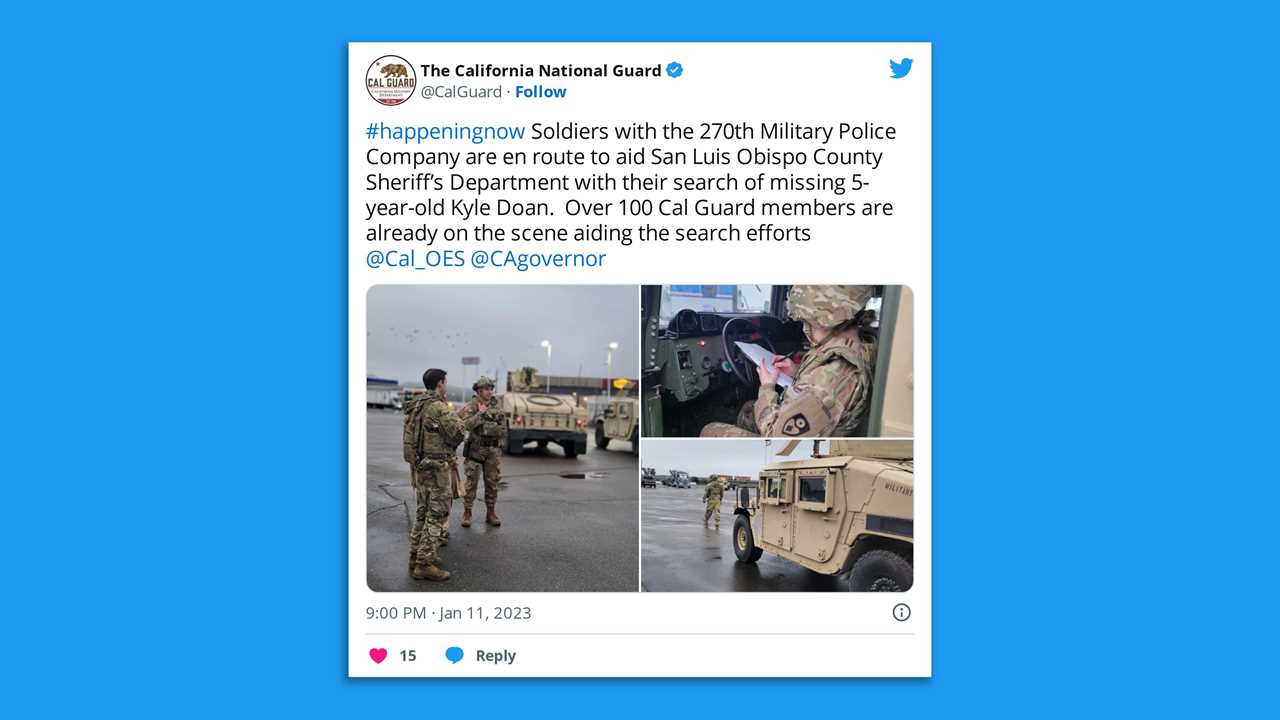 A screenshot of images of the California National Guard searching for the 5-year-old California boy missing since Monday after being swept away in floodwaters.
