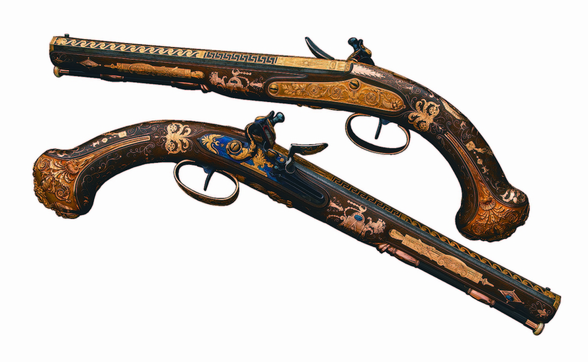 A pair of gold-mounted Nicolas-Noel Boutet French Empire Officer's flintlock pistols presented to Contre-Amiral Cesar-Joseph Bourayne, Baron de l'Empire, reported high-art and craftsmanship to finish at $575,000.