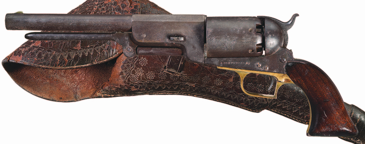 This historic, Texas “National Treasure” — a company no.  50 Colt Walker percussion revolver with holster documented as passed down through multiple generations of the celebrated Darst family of Texas — went out at $431,250.